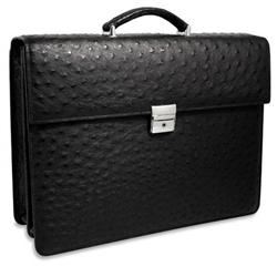 Exotics Genuine Ostrich Double Gusset Flapover Leather Briefcase