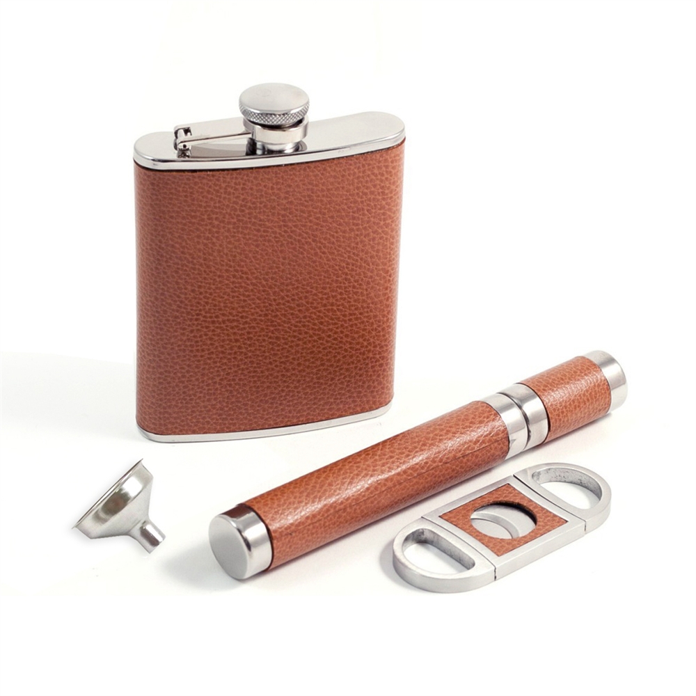 Leather Cigar Travel Case with Flask